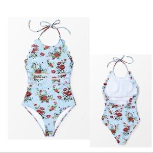 blue floral bathing suit